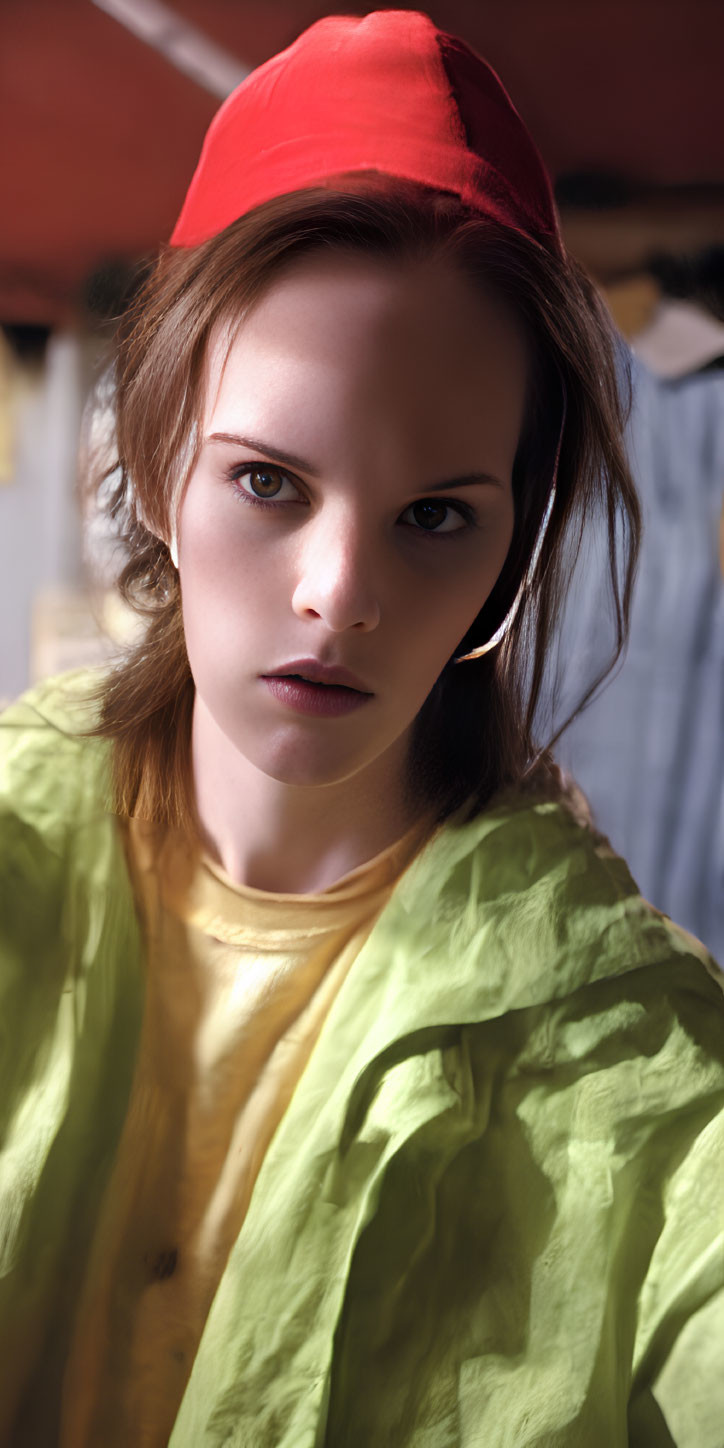 Woman with Intense Gaze in Red Cap and Yellow Top