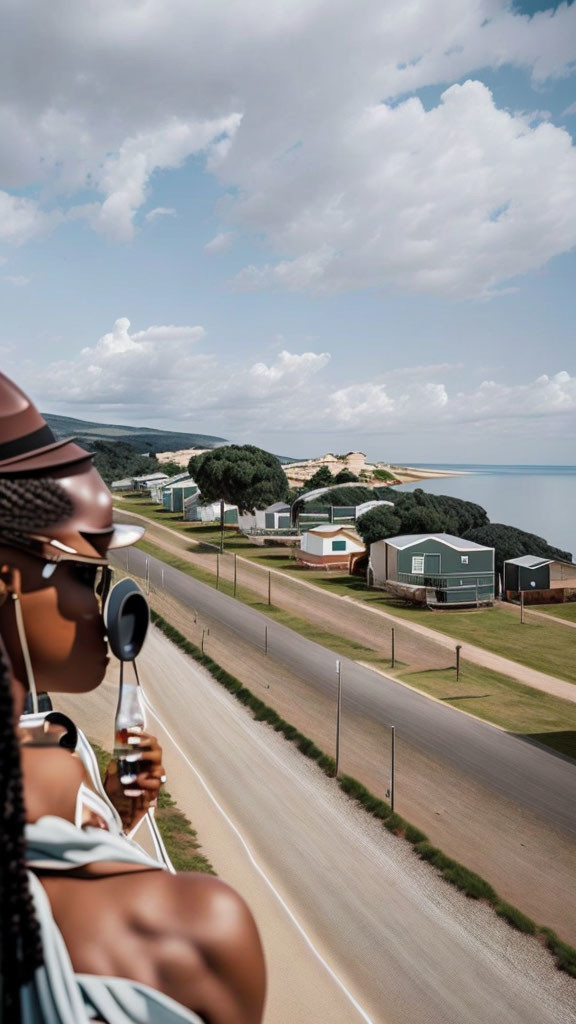 Person in hat and sunglasses gazes at coastal road and sea view with small houses under cloudy sky