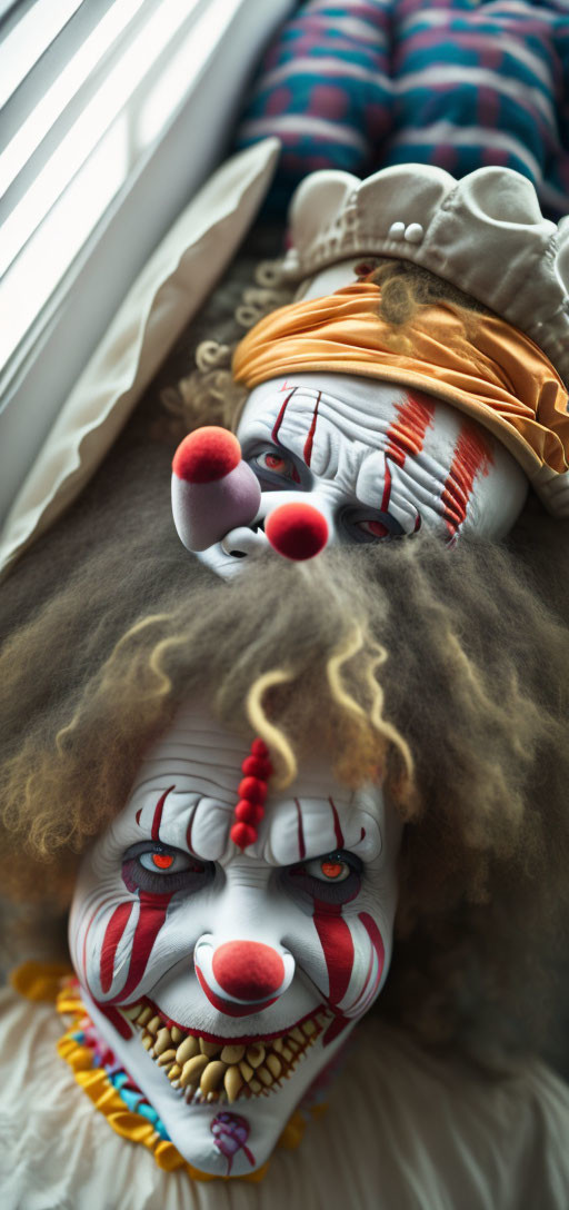 Clown masks with red noses and wild hair on bed by window