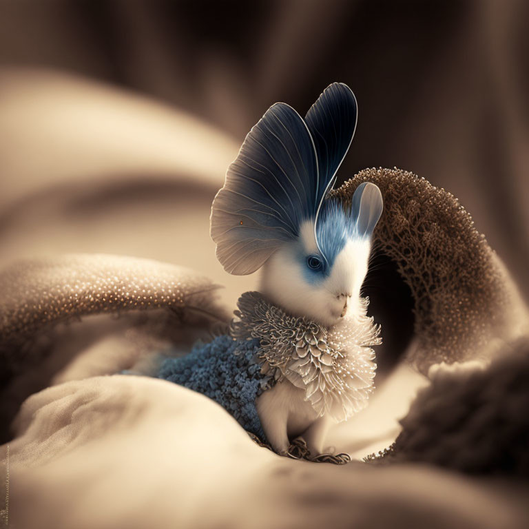 Blue Butterfly-Winged Creature with White Fur and Frilled Collar Sitting in Fabric