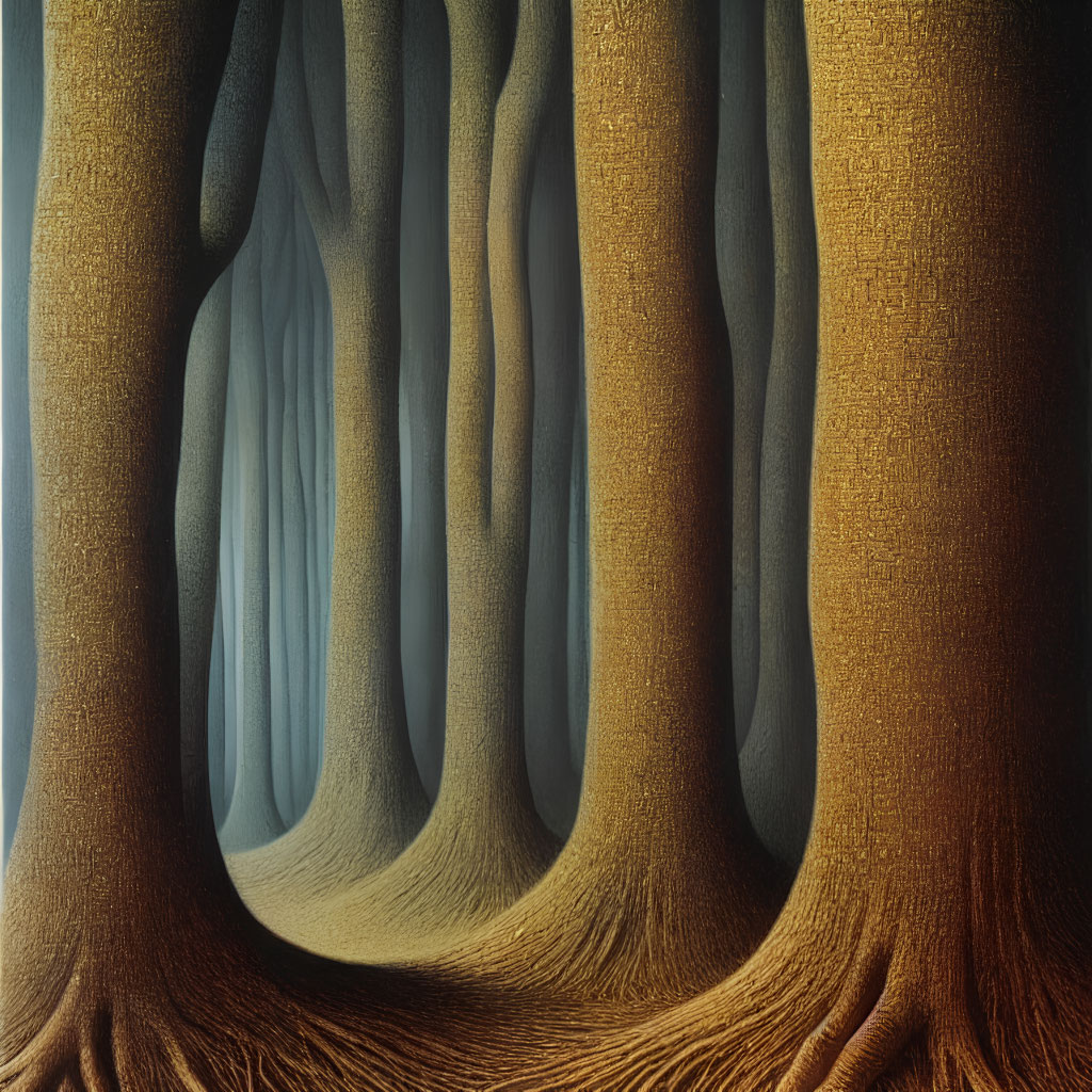 Surreal artwork: elongated tree trunks in golden-brown to blue gradient