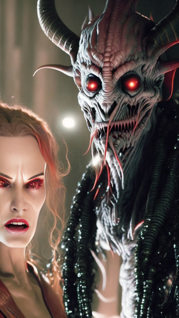 Woman with glowing red eyes and fanged teeth beside monstrous figure with horns and tentacles