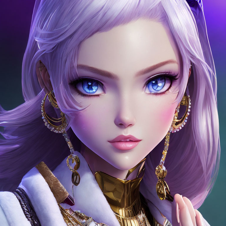 Digital art portrait of female character with blue eyes, white hair, gold earrings, white & gold attire