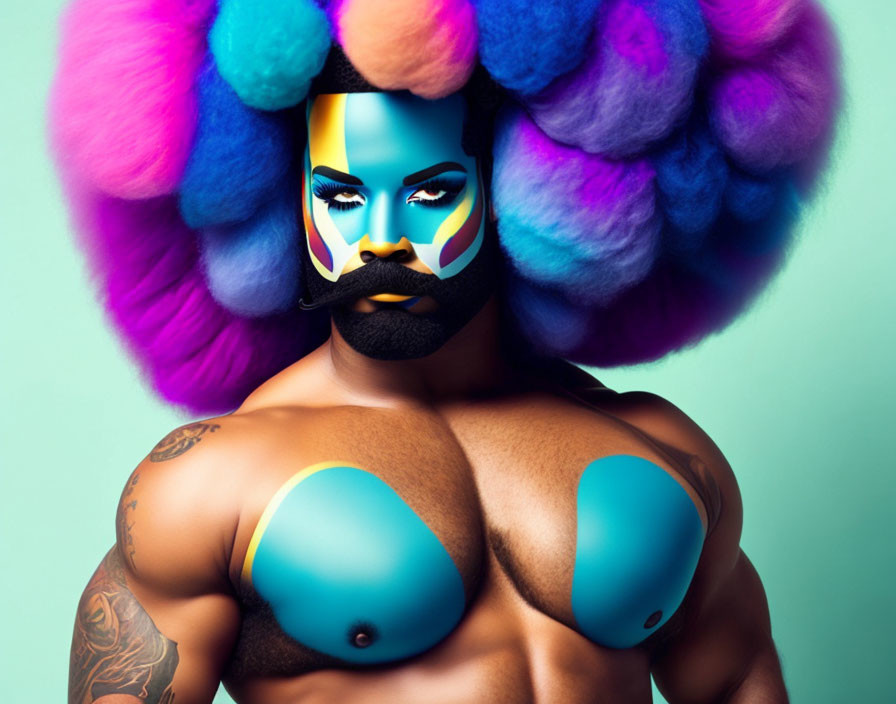 Colorful Face Paint, Afro Wig, and Body Art on Teal Background