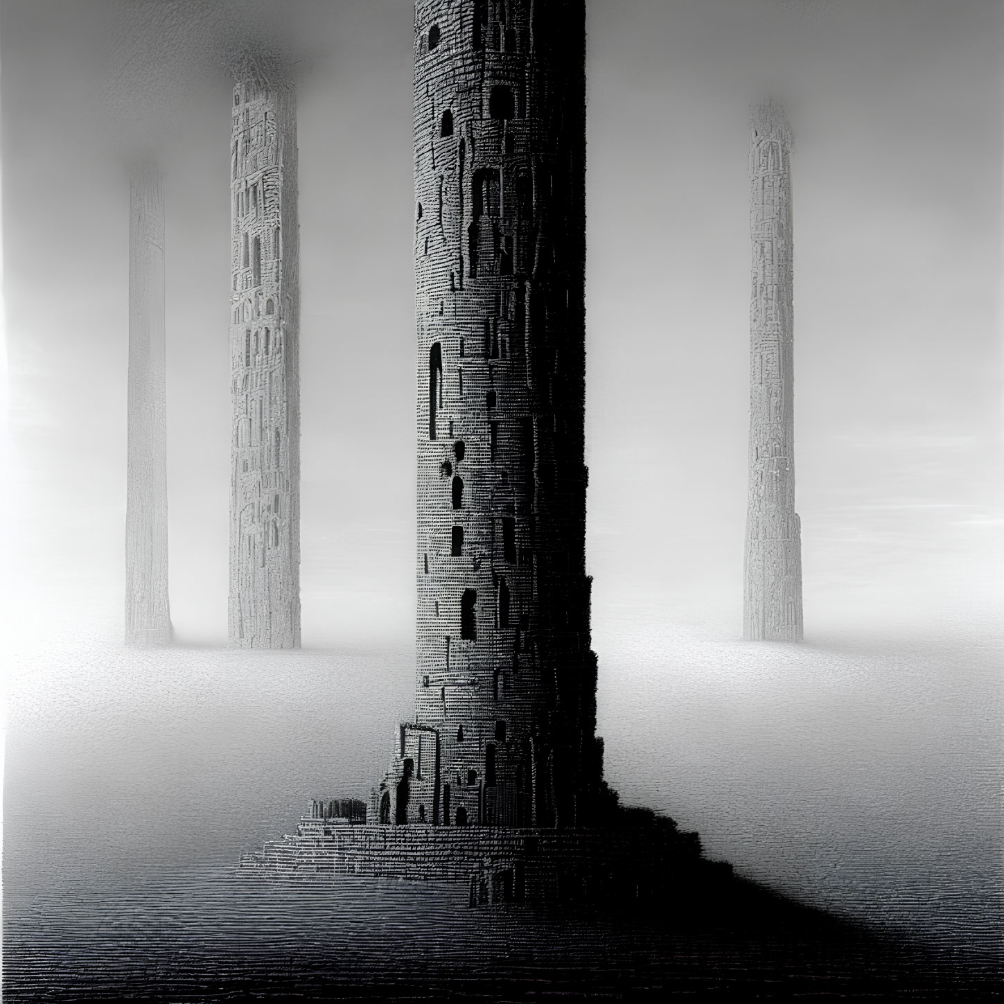 Monochromatic image of three textured towers in misty setting