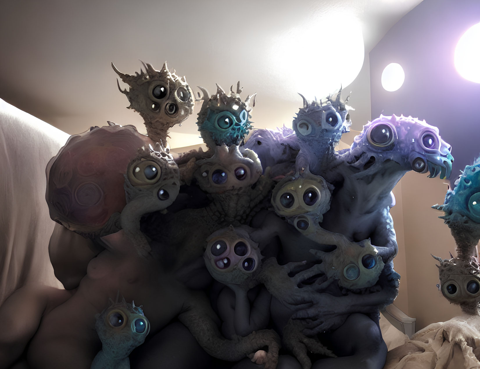 Surreal creatures with multiple eyes and limbs in dimly lit room