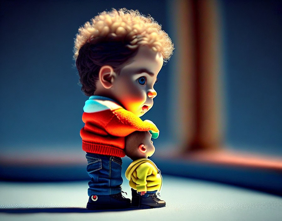 Animated child characters embracing with oversized heads and expressive eyes in colorful sweaters.