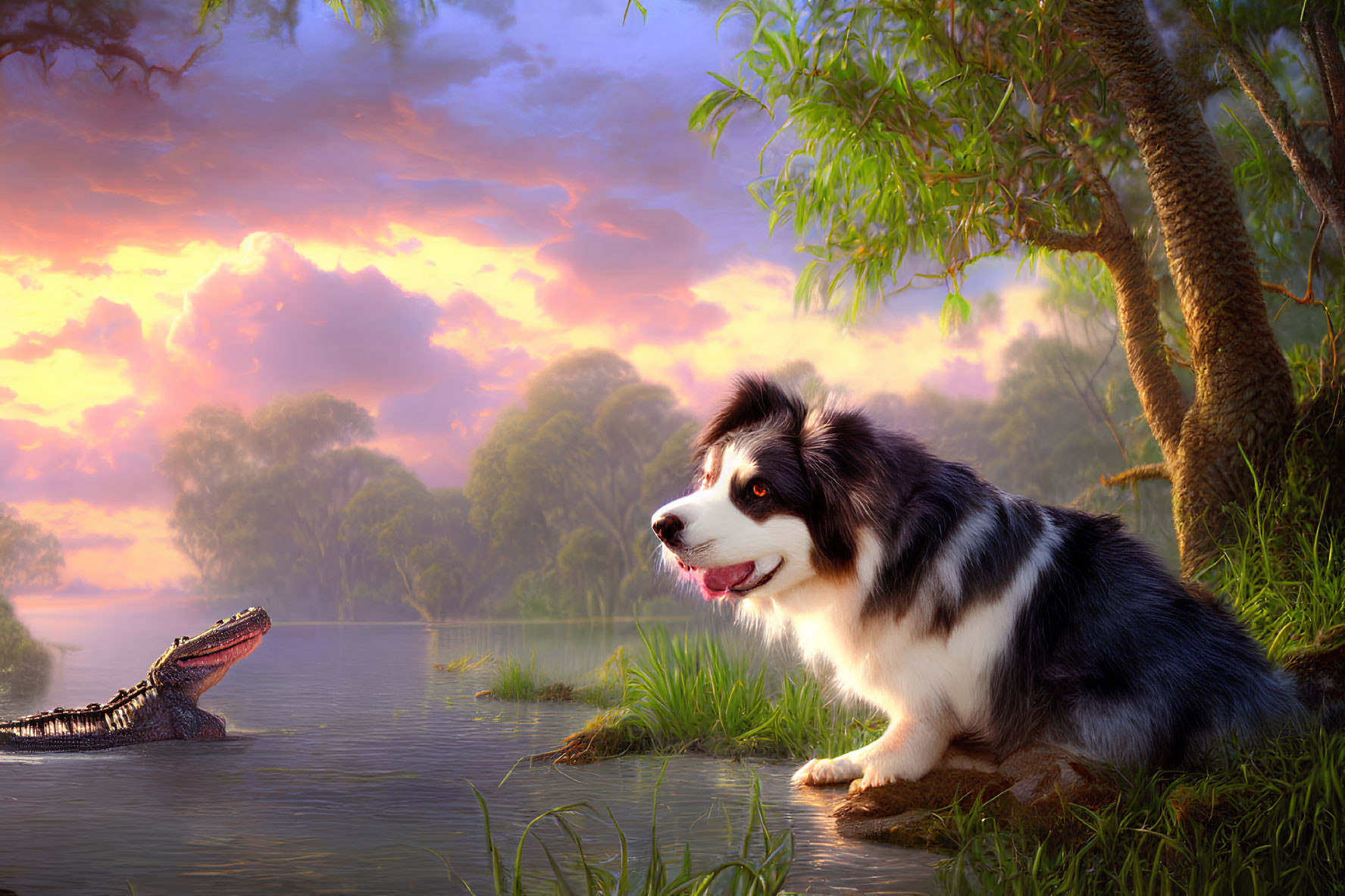 Border Collie by serene lake at sunset with alligator and lush trees