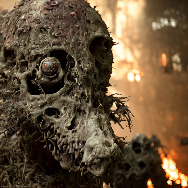 Detailed Close-up of Grotesque Mask with Central Eye on Soft Glowing Background