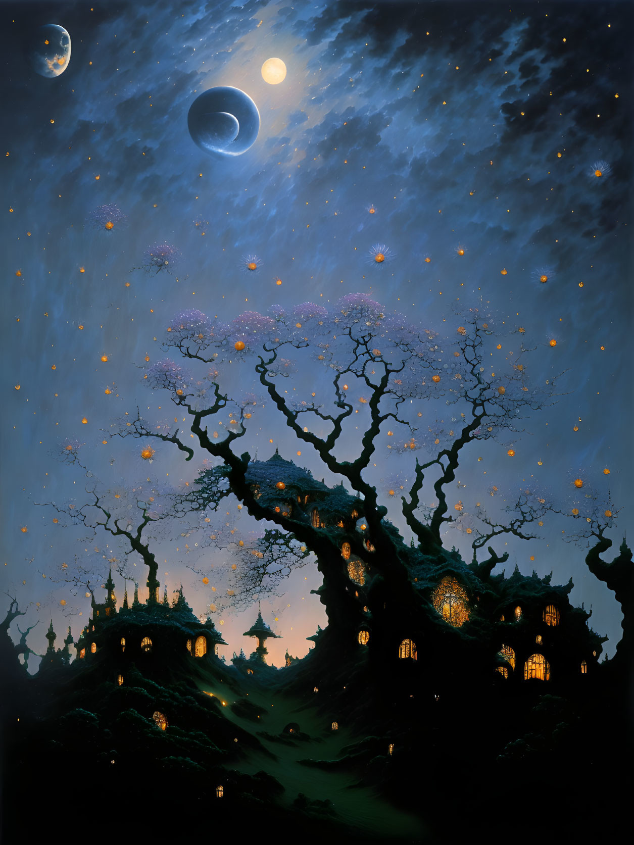 Fantastical night scene with ancient tree and whimsical structures under starry sky.