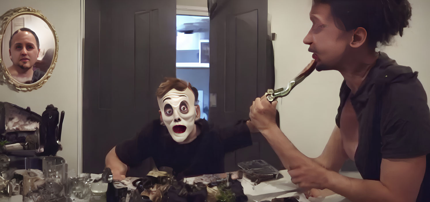 Person in white mask fed at messy table with mirror reflection