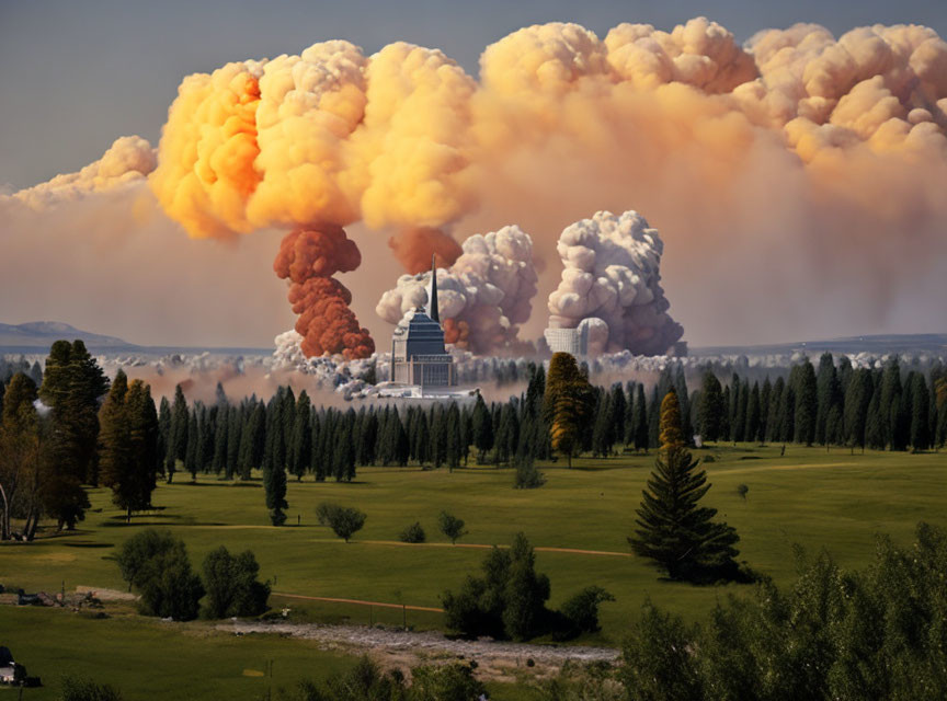 Massive Smoke Plume Over Forested Landscape & Building