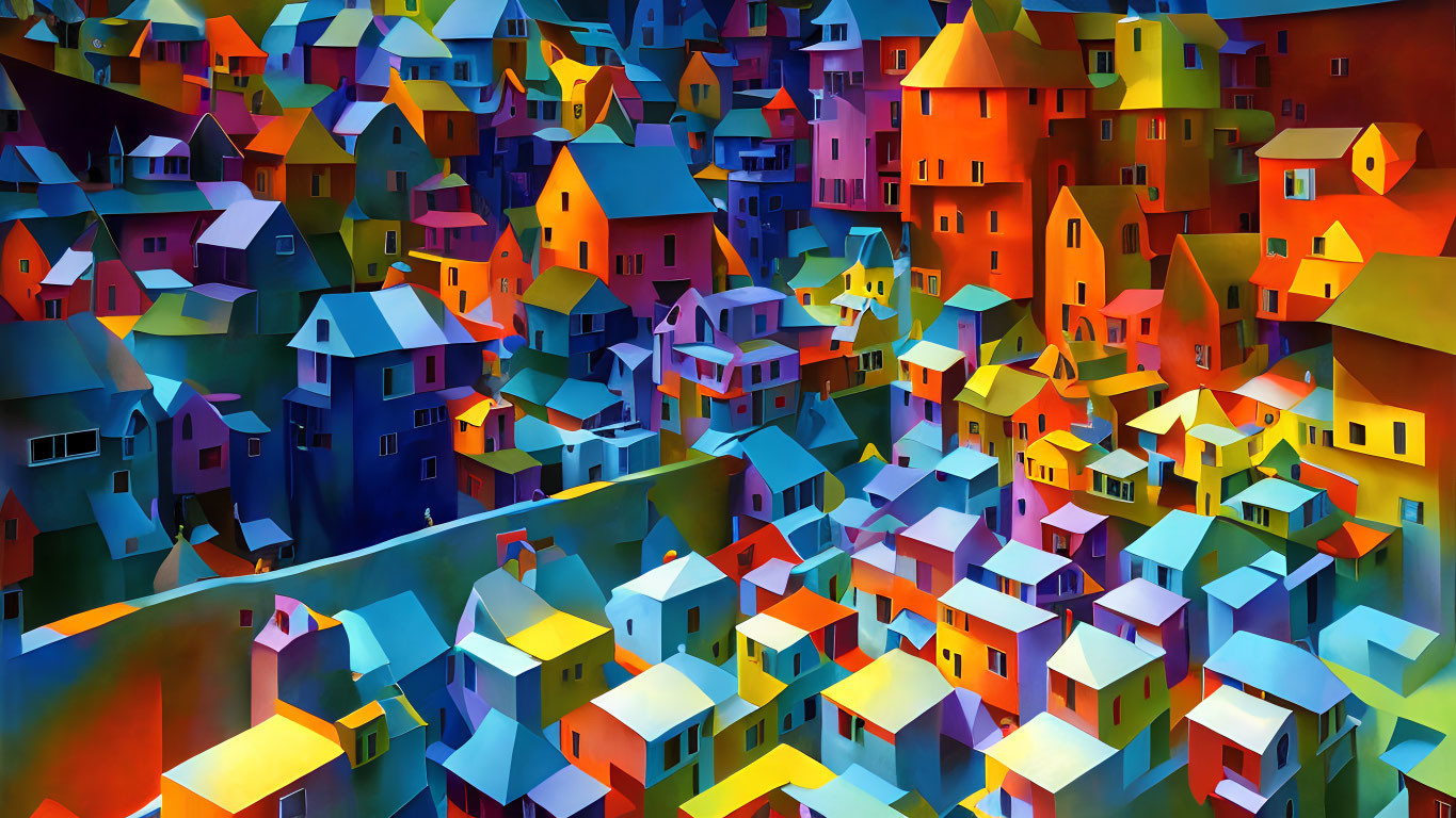 Colorful surreal landscape of tightly packed, stylized houses in abstract townscape