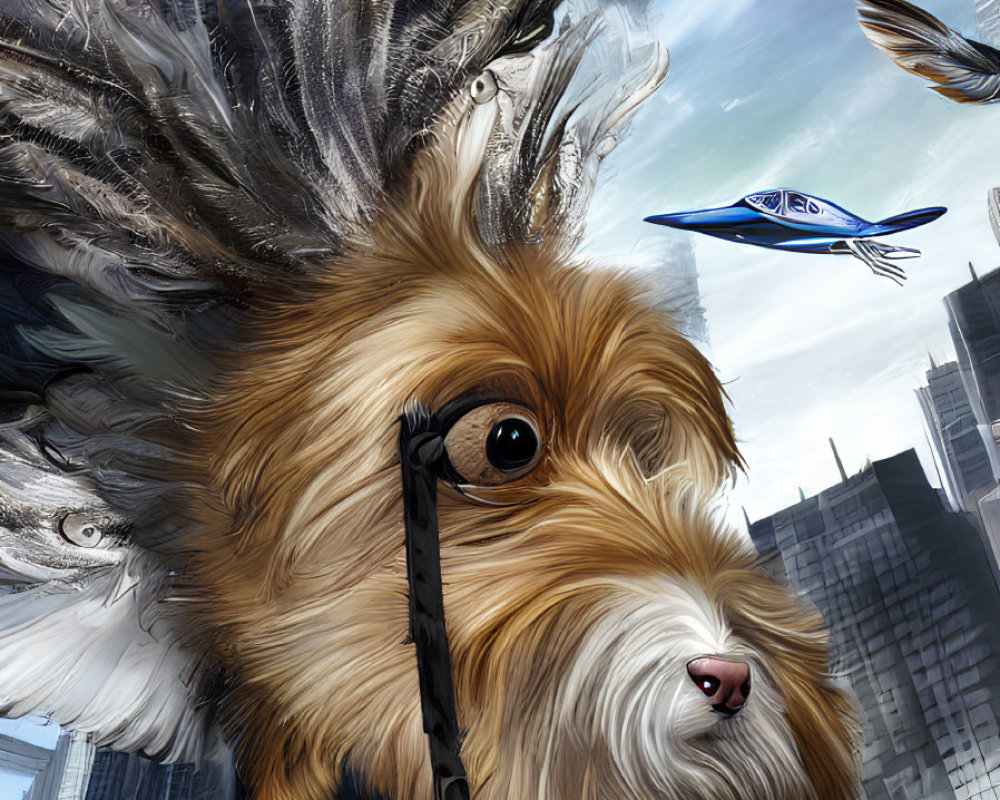 Giant winged dog flying over futuristic cityscape with flying vehicles