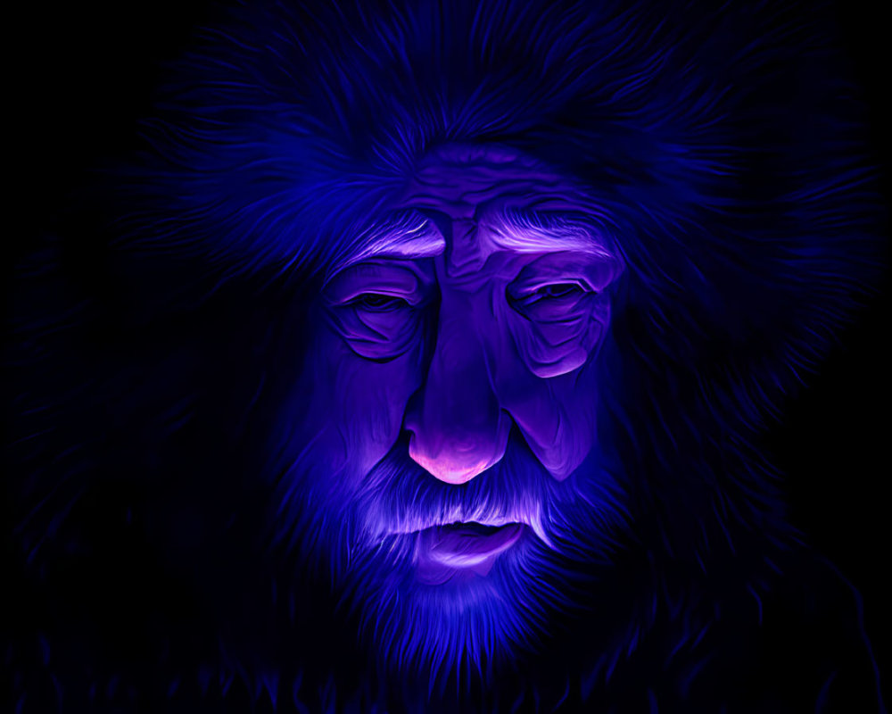 Colorful Lion Face Artwork with Electric Blue and Purple Hues