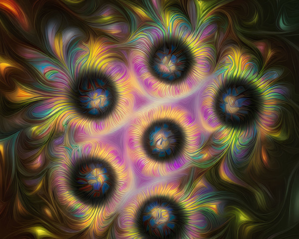 Colorful abstract fractal art with swirling patterns and flower shapes