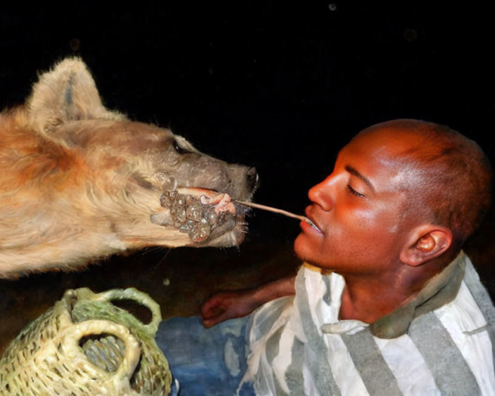 Man and hyena in intense close-up encounter with open mouth and bared teeth