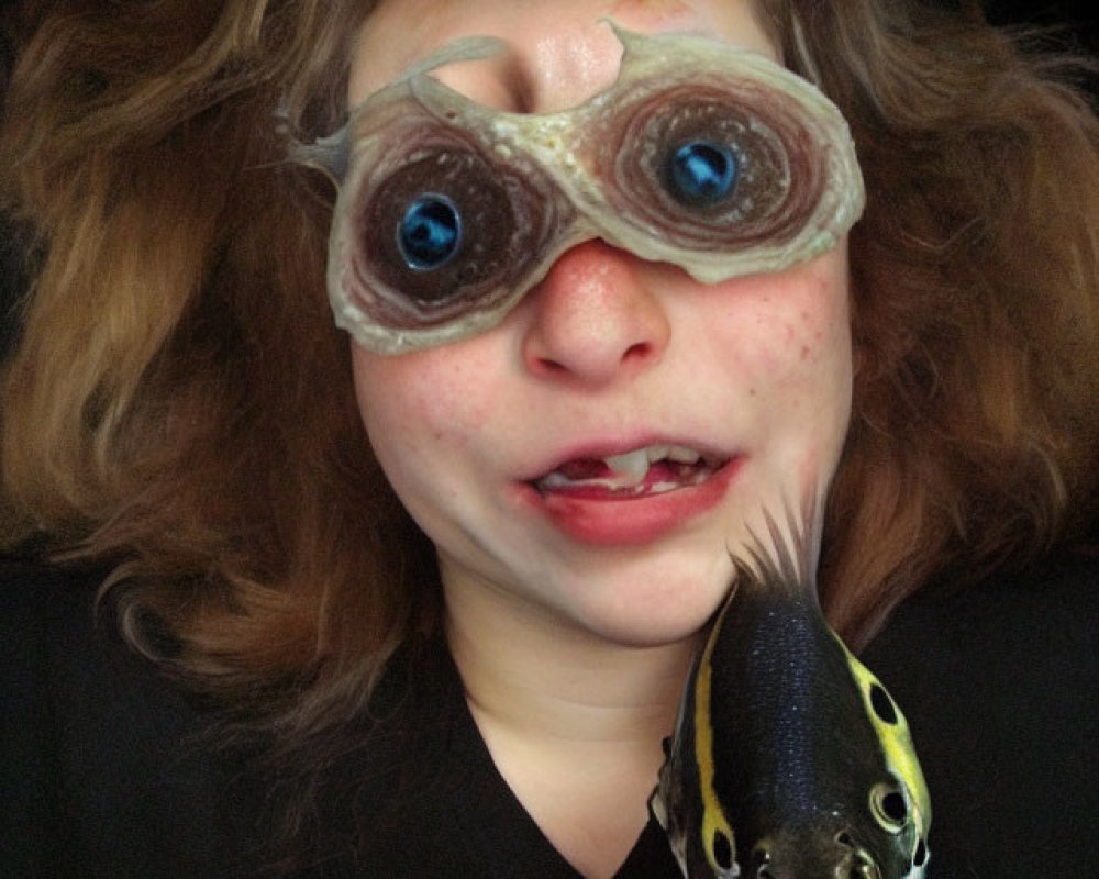 Distorted facial features with enlarged eyes and fish mouth, fish superimposed.