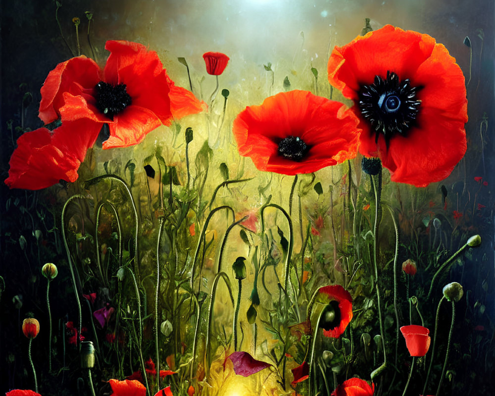 Mystical glowing sky illuminates vivid red poppies in a fantasy garden