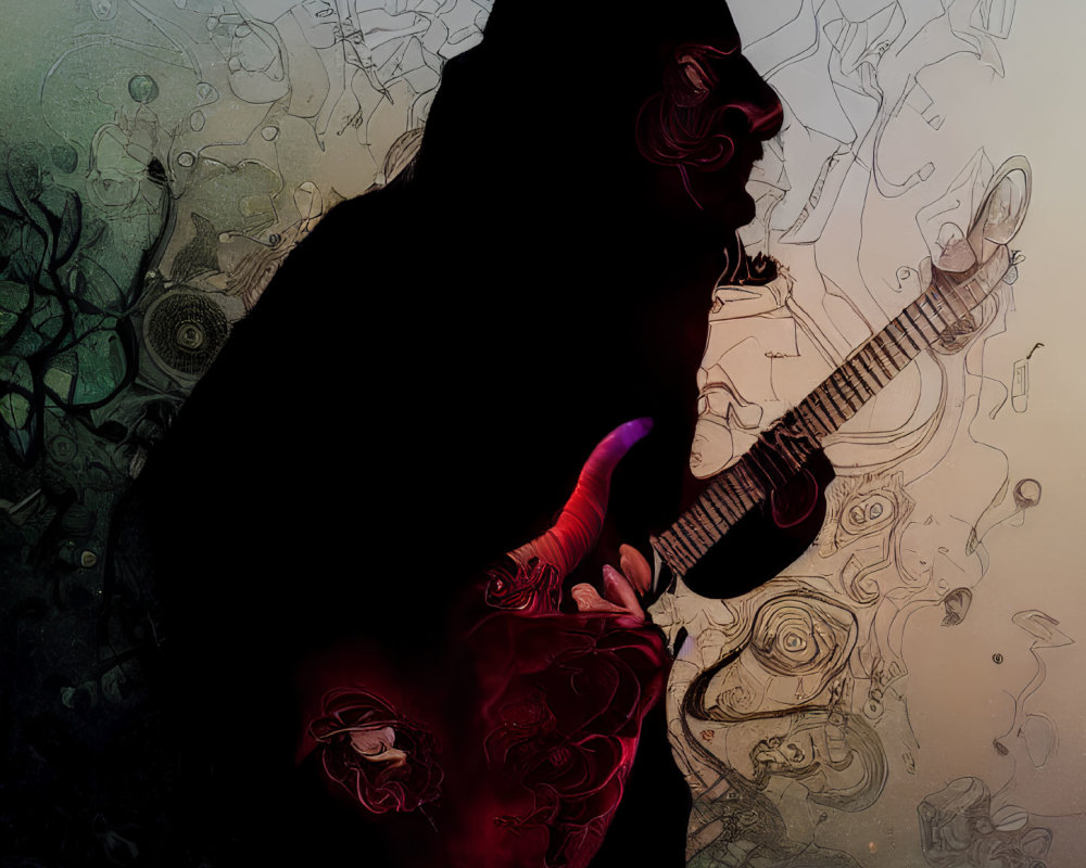 Silhouetted figure playing electric guitar on colorful abstract background.