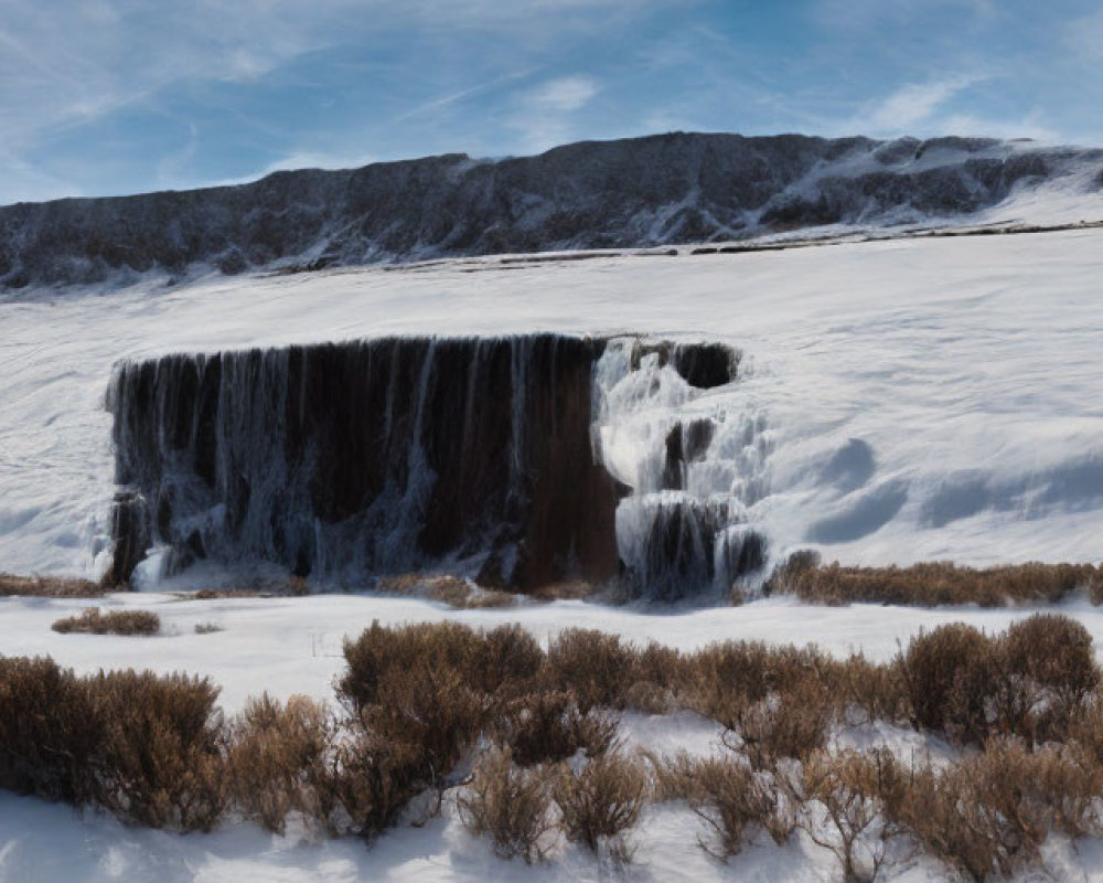 Partially Frozen Waterfall Over Snowy Cliff on a Clear Day