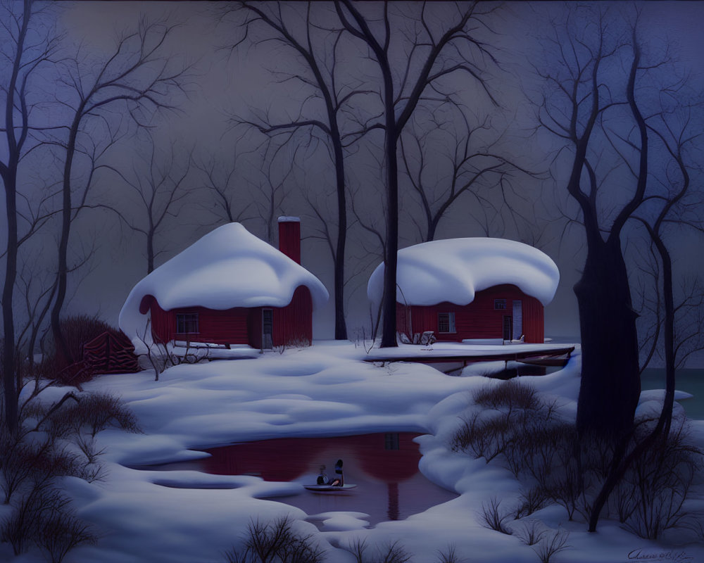 Snow-covered cabins by frozen lake at dusk