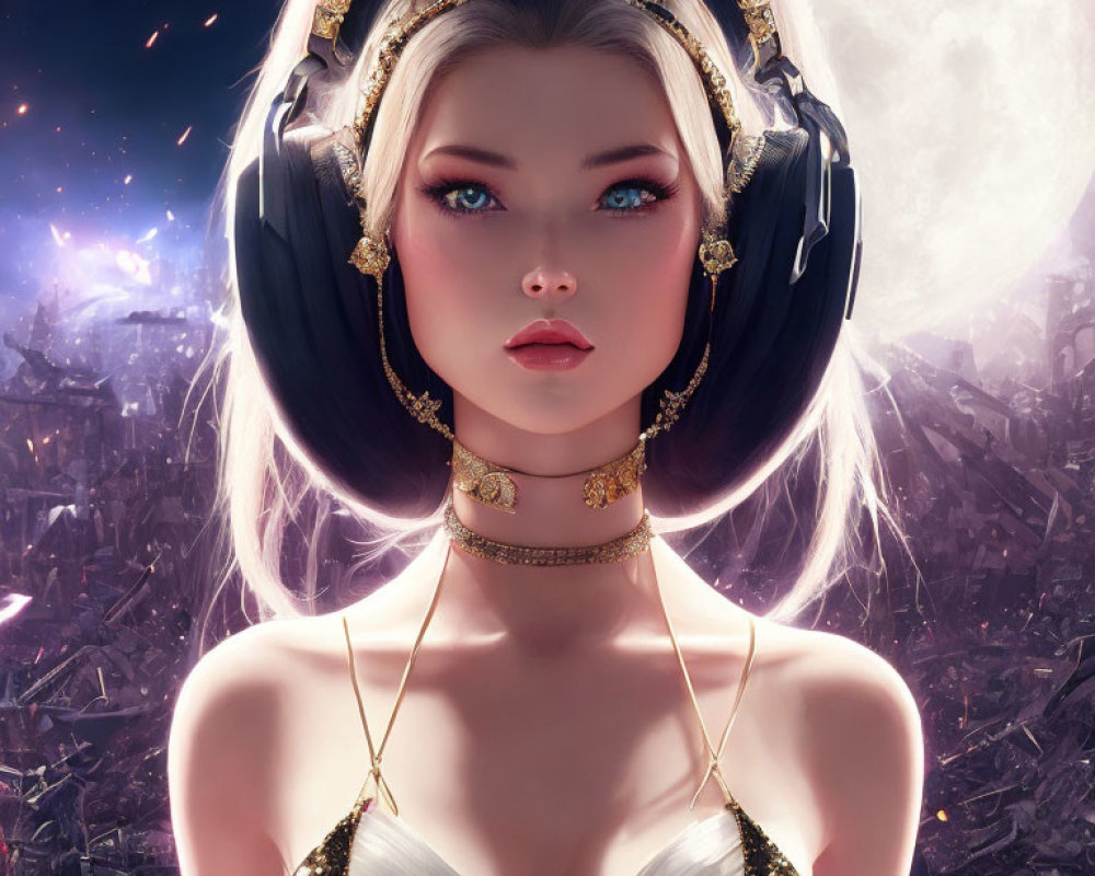 Illustrated woman with blue eyes and golden headphones against moon backdrop