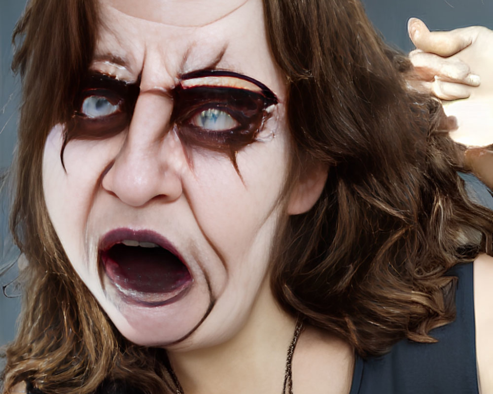 Surreal image of woman with distorted facial features and floating objects