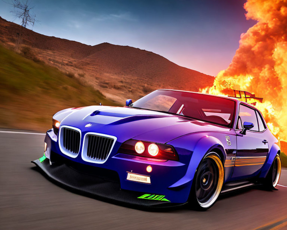 Blue BMW with racing decals speeding on road with flames and smoke under golden sky