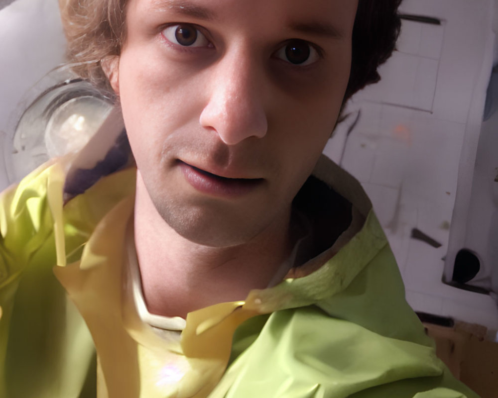 Person in Yellow Jacket and Red Cap with Heart Emblem Taking Selfie in Soft Lighting