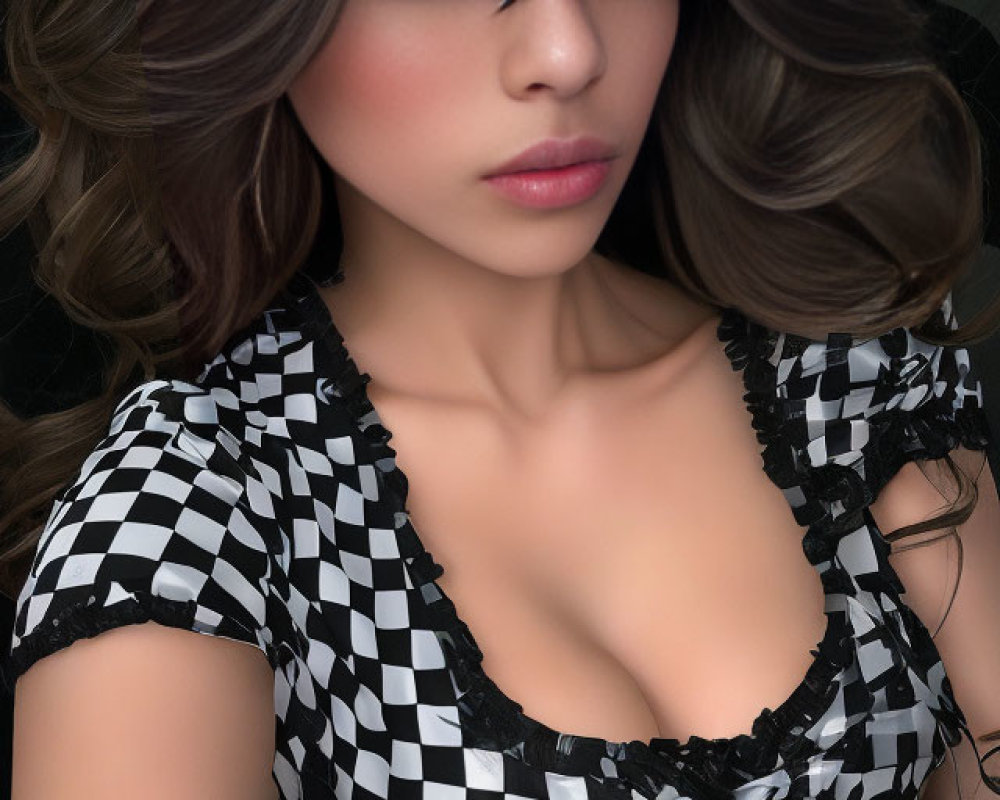 Woman with Wavy Hair in Checkered Dress and Sunglasses