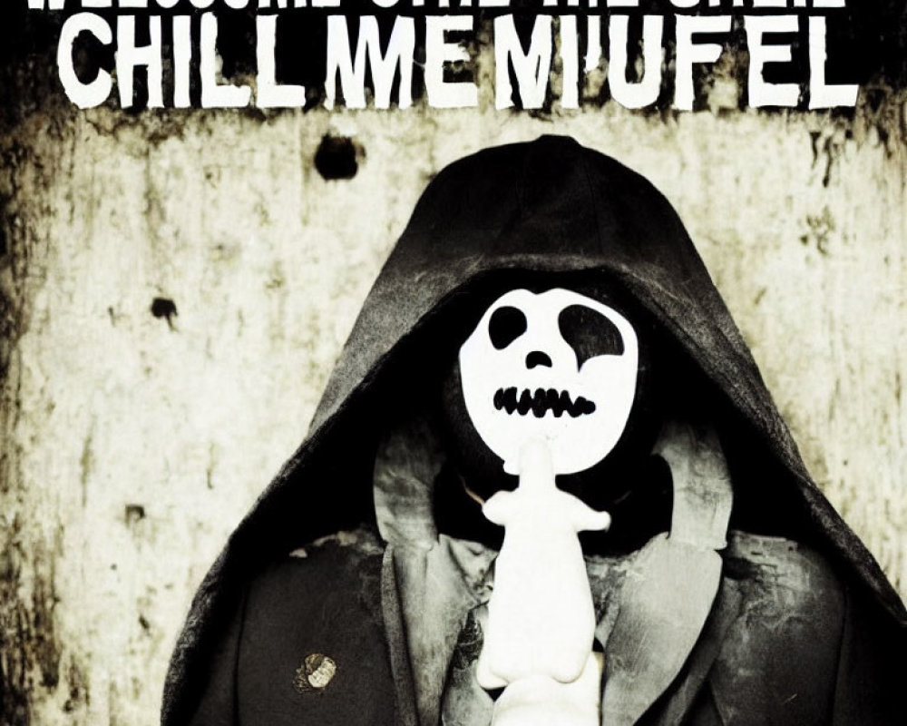 Hooded figure in skull mask against grungy background with distorted text