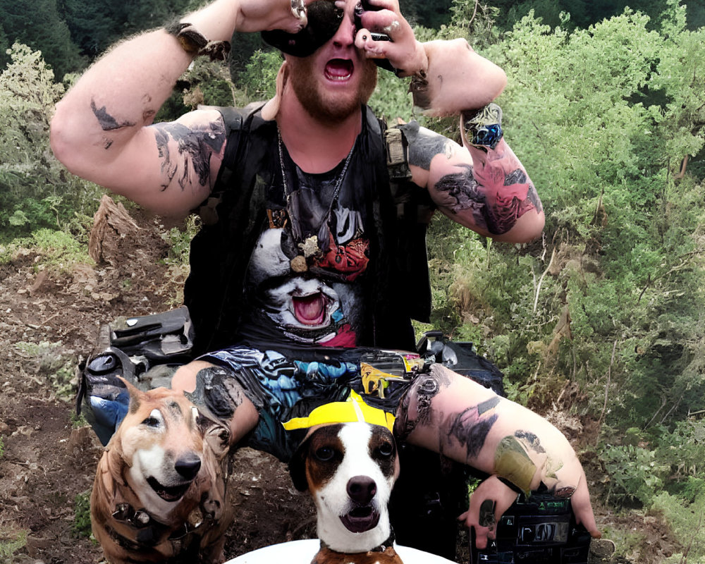 Tattooed person with binoculars and three dogs on hilltop