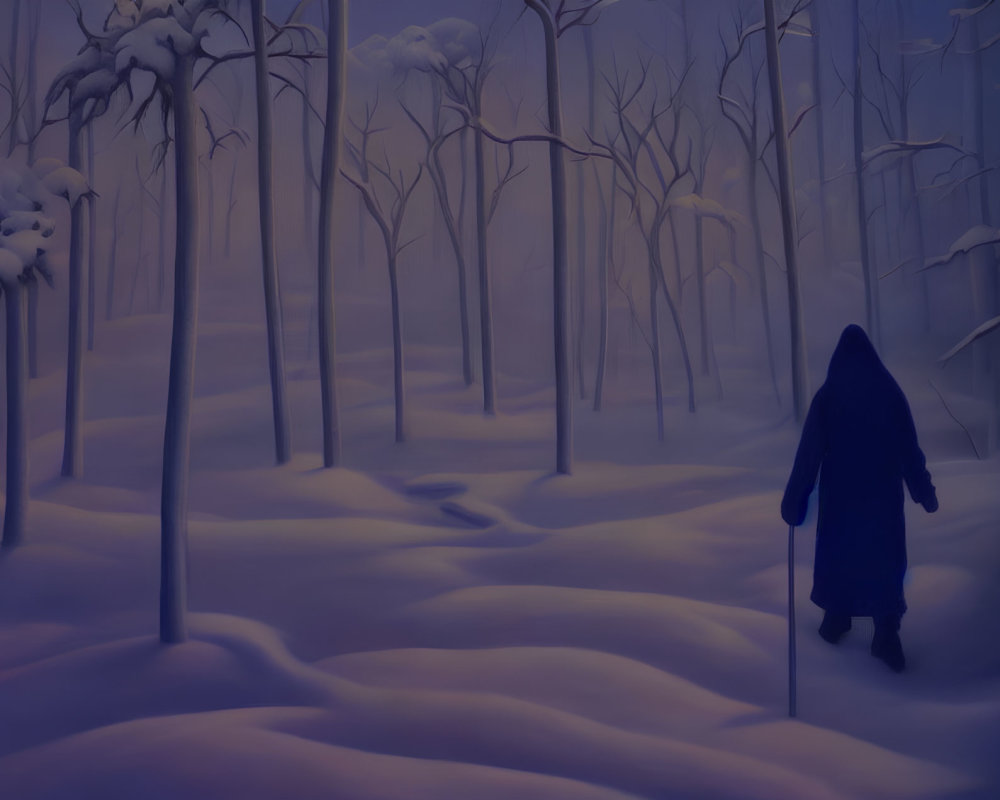 Solitary figure in cloak walking through snow-covered forest