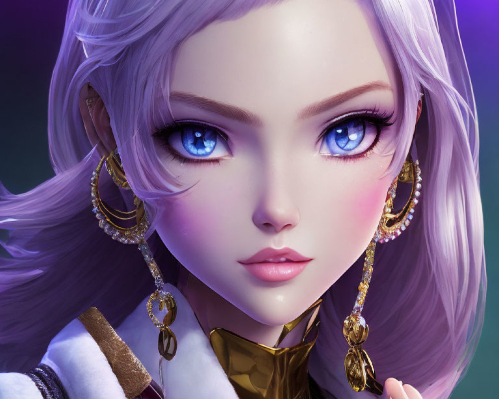 Digital art portrait of female character with blue eyes, white hair, gold earrings, white & gold attire