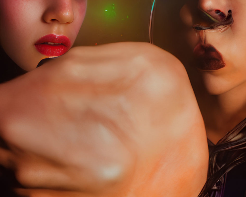 Contrasting makeup close-up of two women peering through reflective object