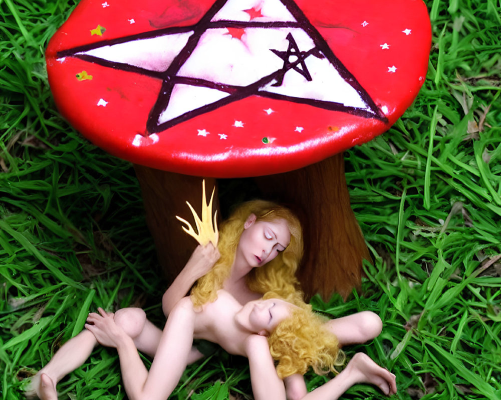 Blonde fairy figurines under red mushroom with pentagram