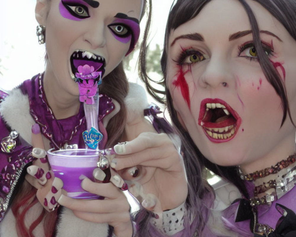 Exaggerated makeup in purple and red on two people in vampire costumes holding a small cup