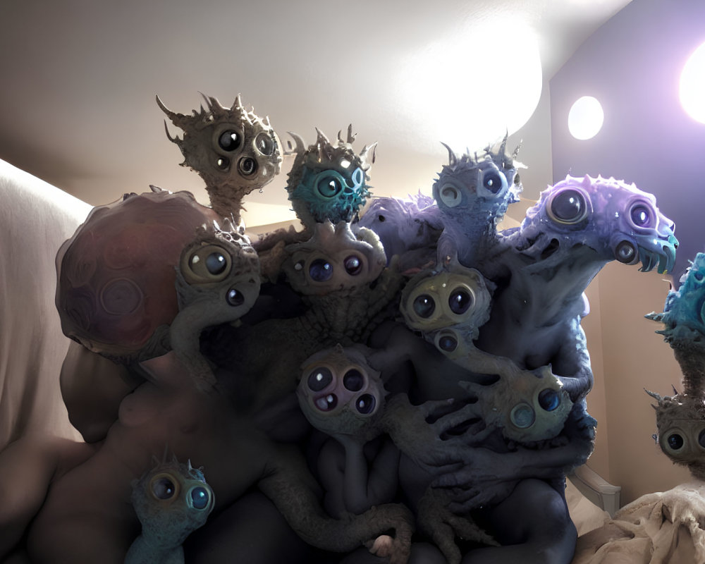 Surreal creatures with multiple eyes and limbs in dimly lit room