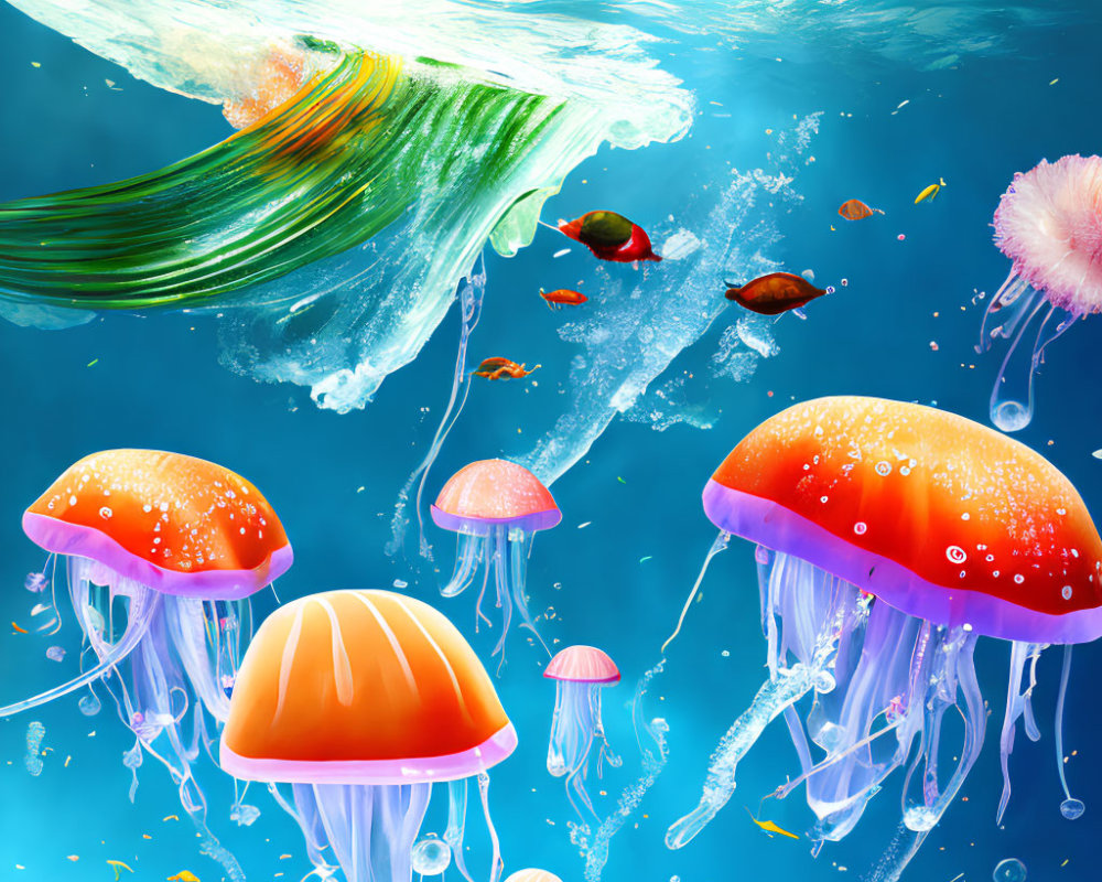 Vibrant jellyfish and small fish in colorful underwater scene