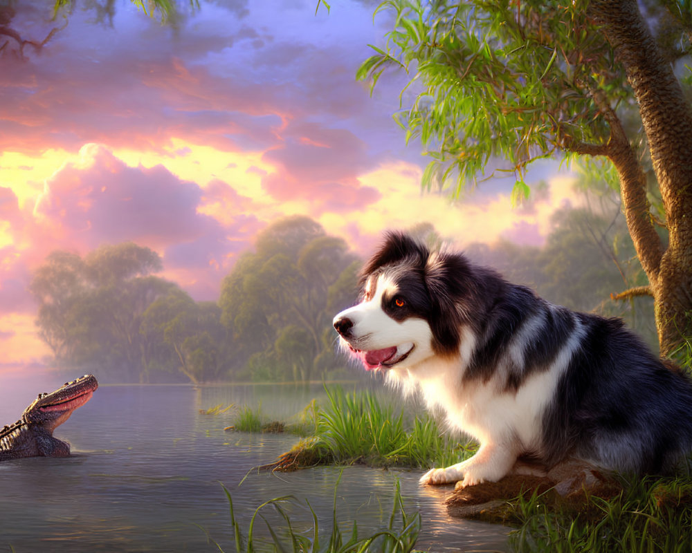 Border Collie by serene lake at sunset with alligator and lush trees