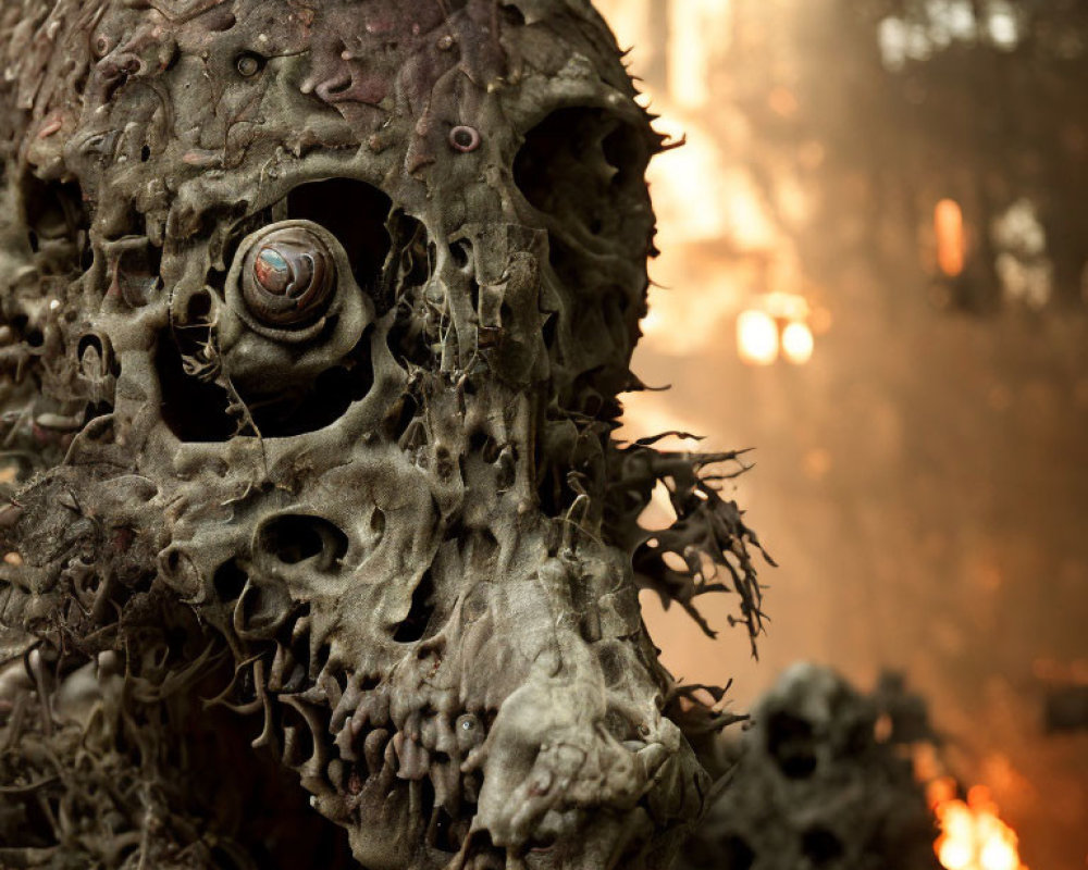 Detailed Close-up of Grotesque Mask with Central Eye on Soft Glowing Background