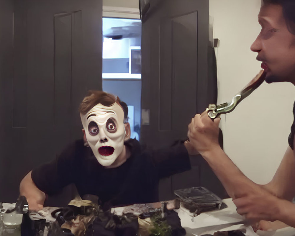 Person in white mask fed at messy table with mirror reflection