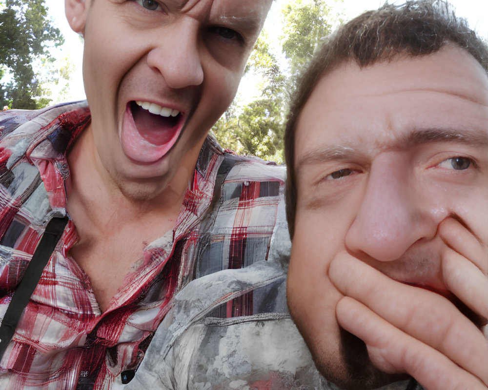 Two men posing with facial expressions outdoors