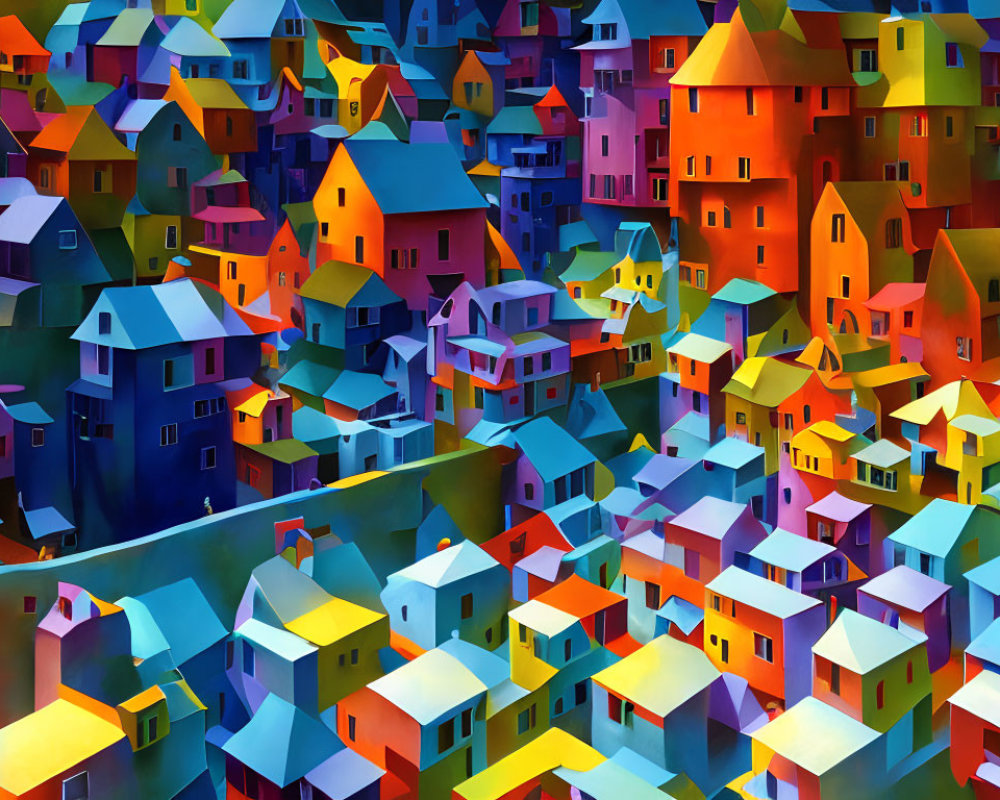 Colorful surreal landscape of tightly packed, stylized houses in abstract townscape