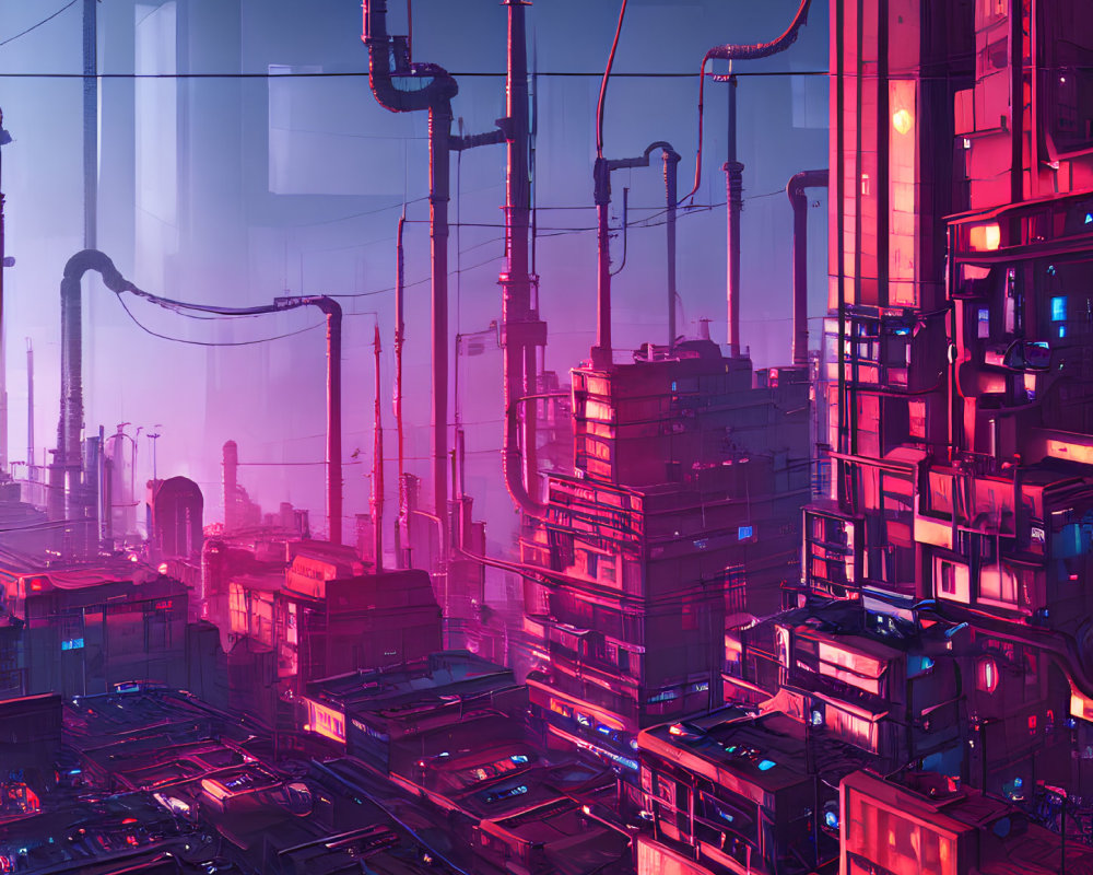 Futuristic cityscape with pink and blue hues, high-rises, and pipelines under hazy