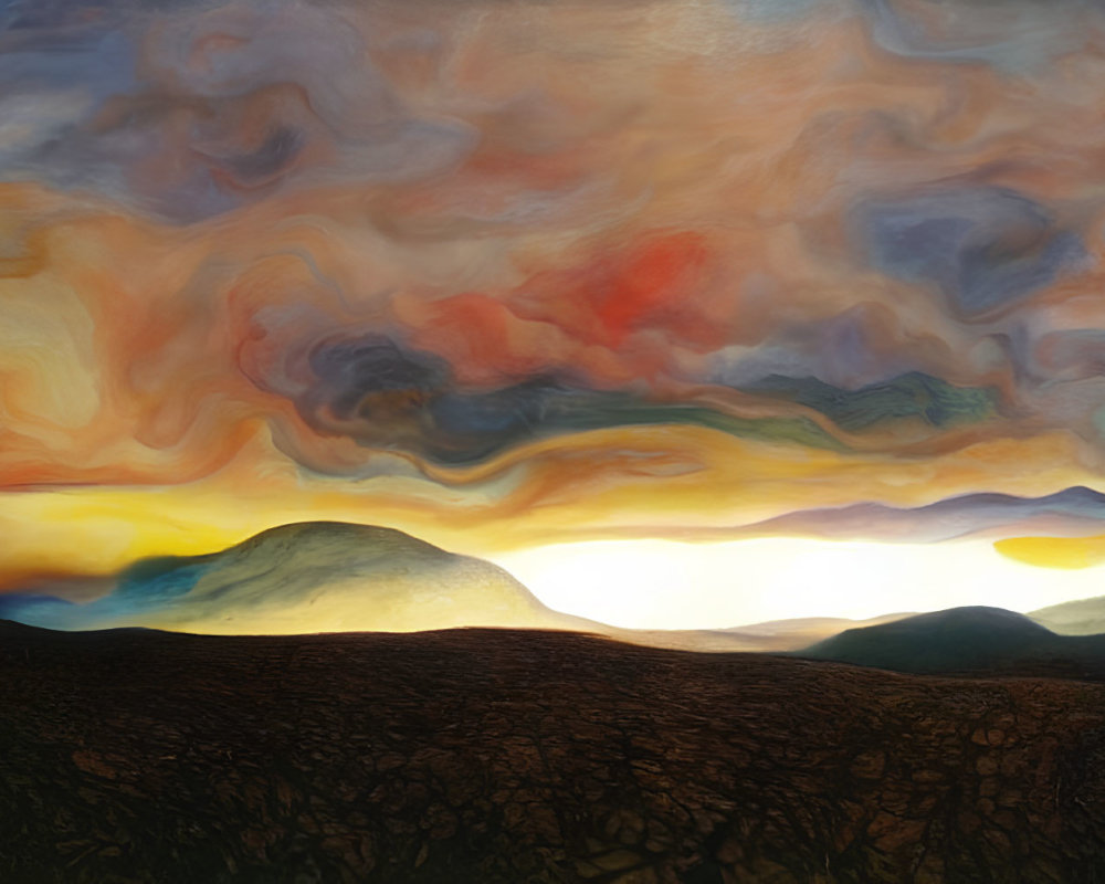 Surreal painted landscape with vibrant swirling clouds above silhouetted mountains at sunset