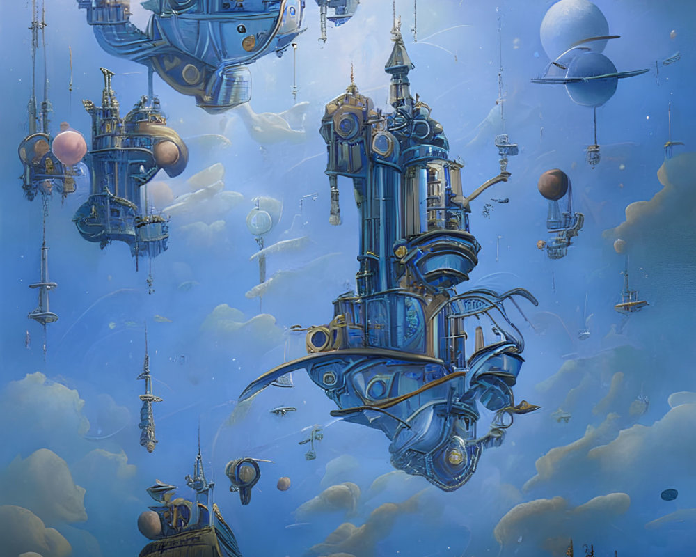 Fantasy scene with steampunk airships in blue sky