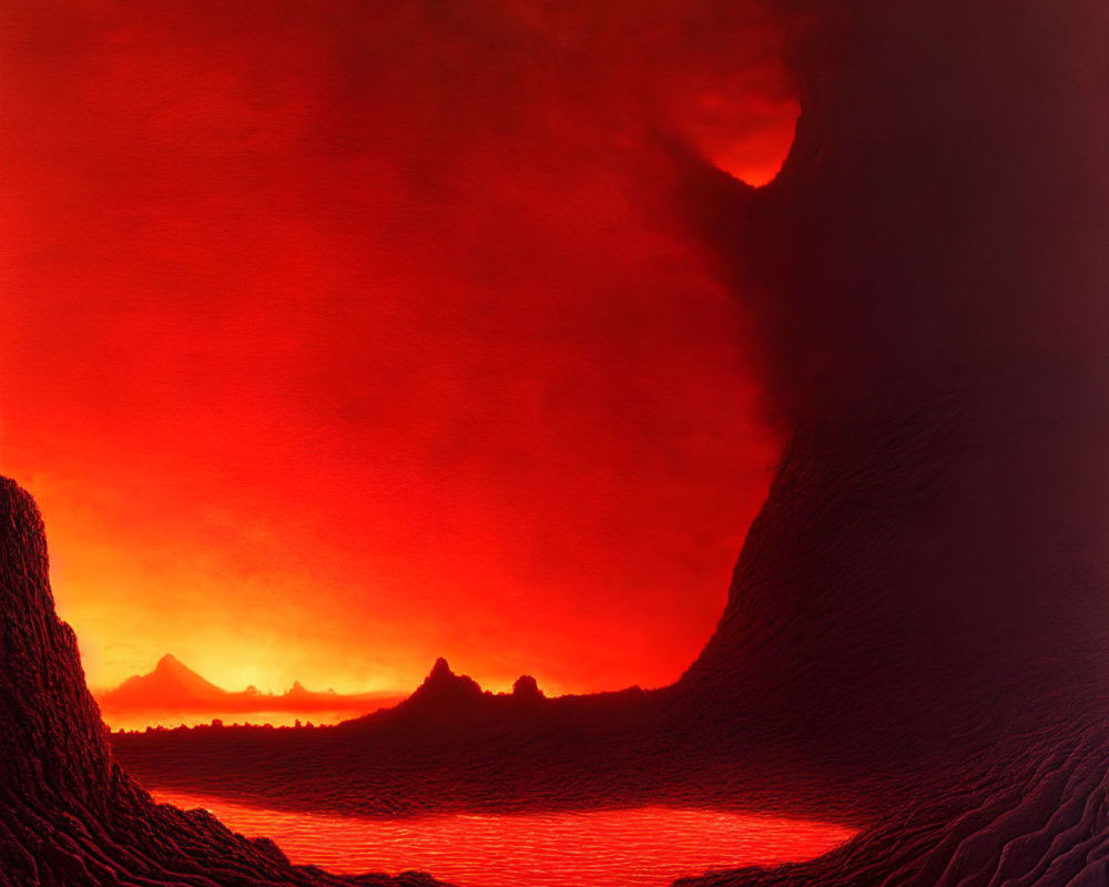 Fiery volcanic landscape with molten lava flows and red sky