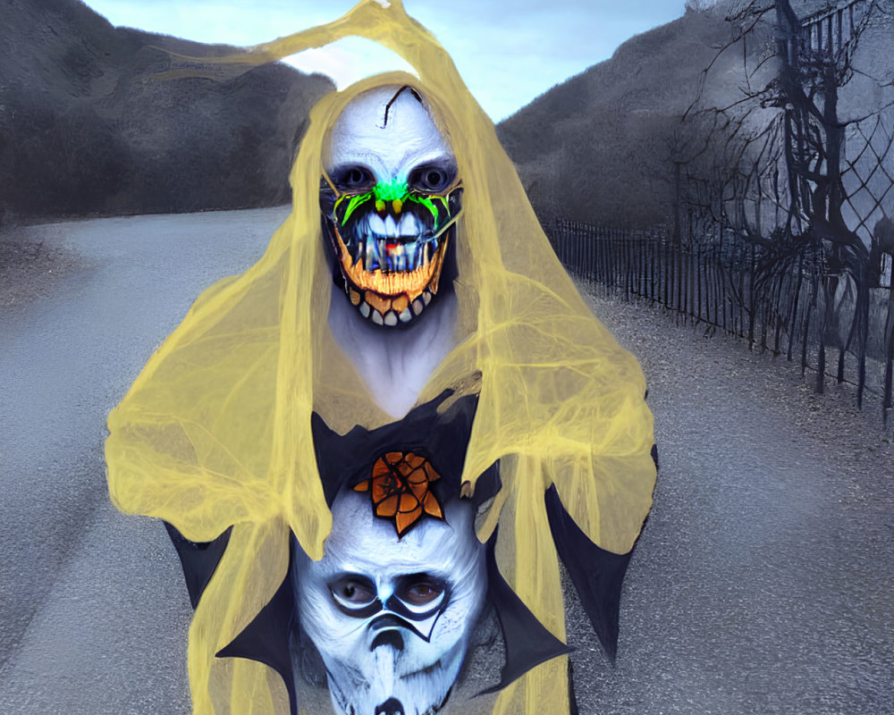 Double-faced Halloween costume with skull makeup on desolate road.